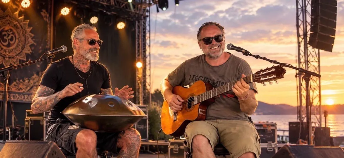 Gianni und Jimmy von LAVA mit Handpan und Akustikgitarre auf der Bühne bei Sonnenuntergang